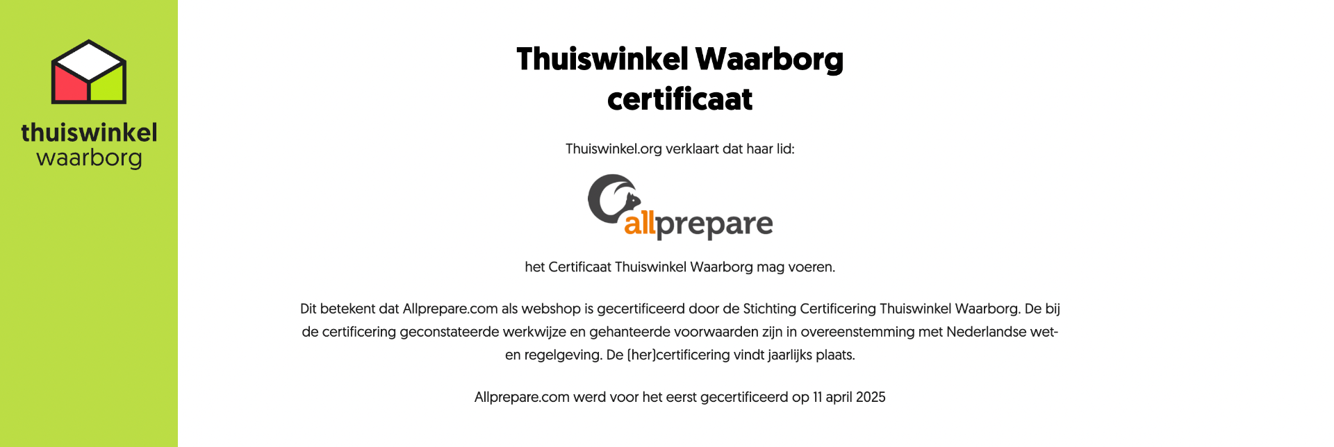 Allprepare Thuiswinkel waarborg certificaat